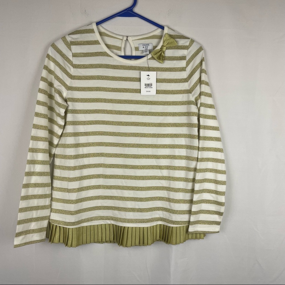 Crown & Ivy gold striped pleated hem top size XL new